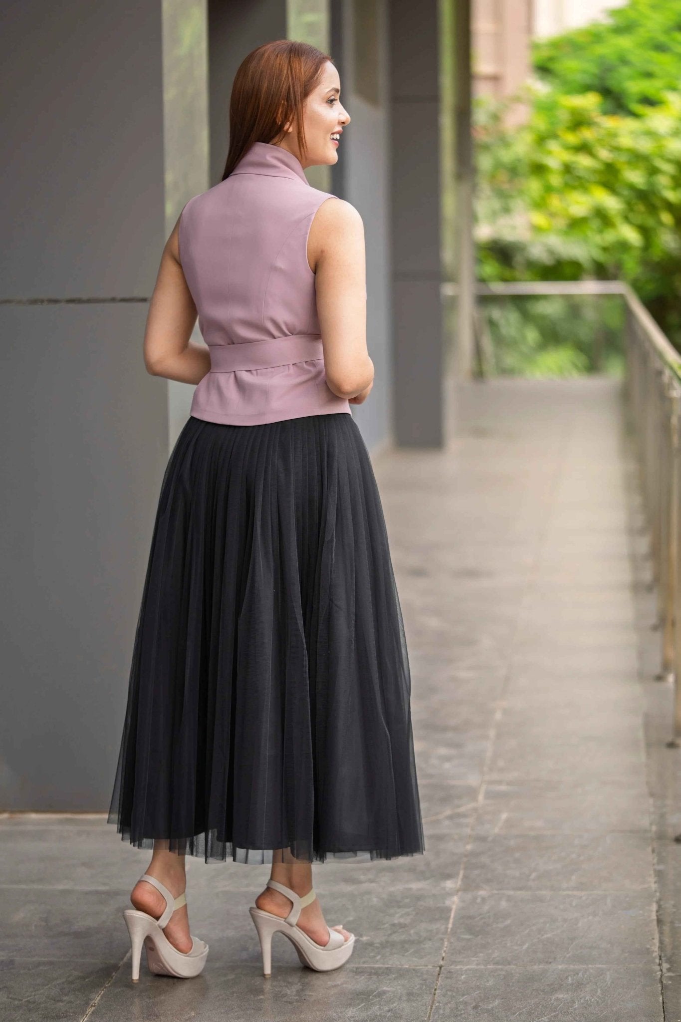 Black Skirt & Blush Pink Waist Coat – Timeless Contrast